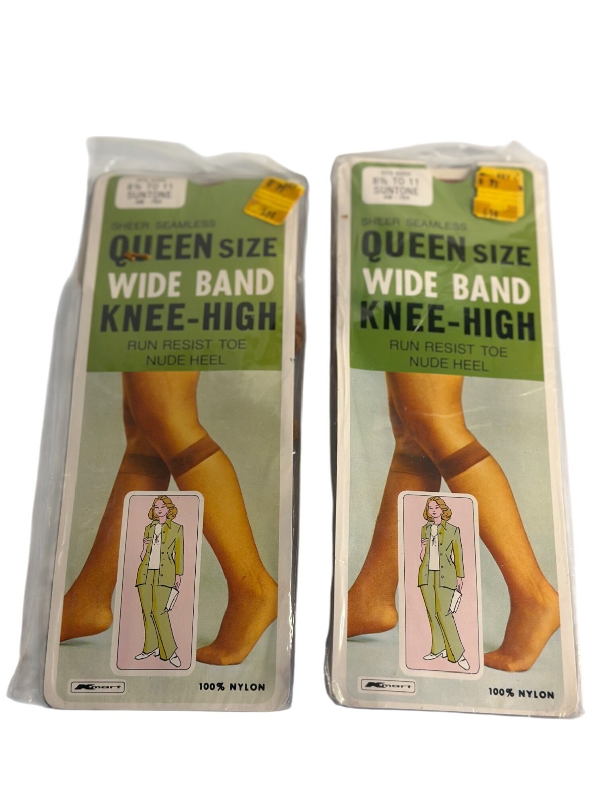 Vintage Kmart Queen Size Sheer Seamless Knee-Highs Wide-Band Suntone Nylon NOS
