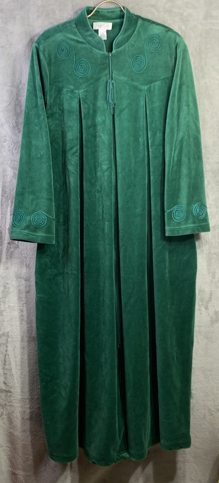 VTG Cabernet Velour Robe Housecoat Gown Drk Grn Full Zip Swirl Embellished Sz XL