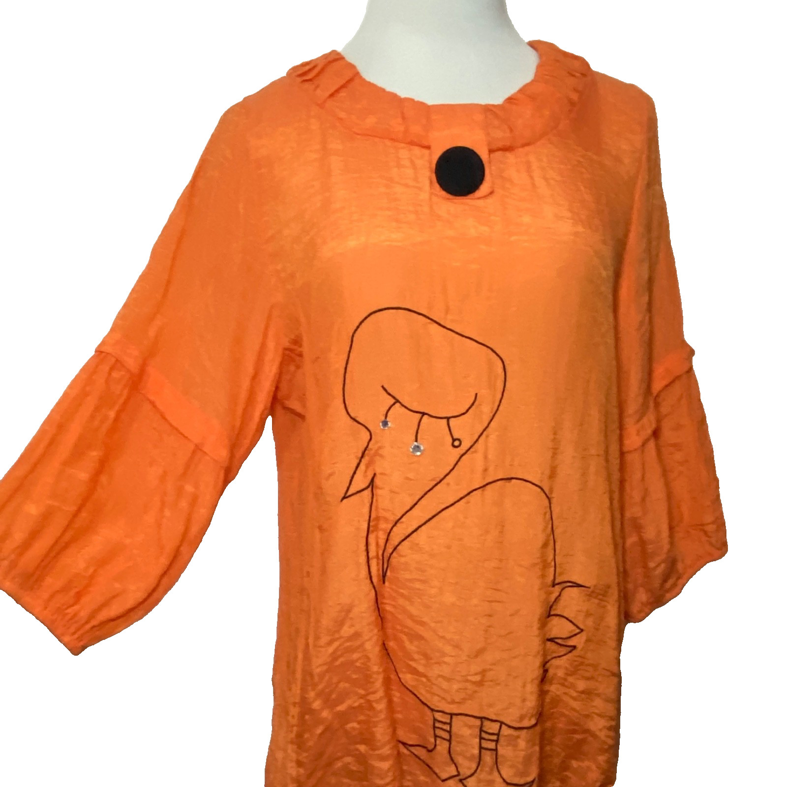 Vtg Artsy Blouse Large Orange Top Whimsical Bird Crystals Gauzy Rayon Korean m
