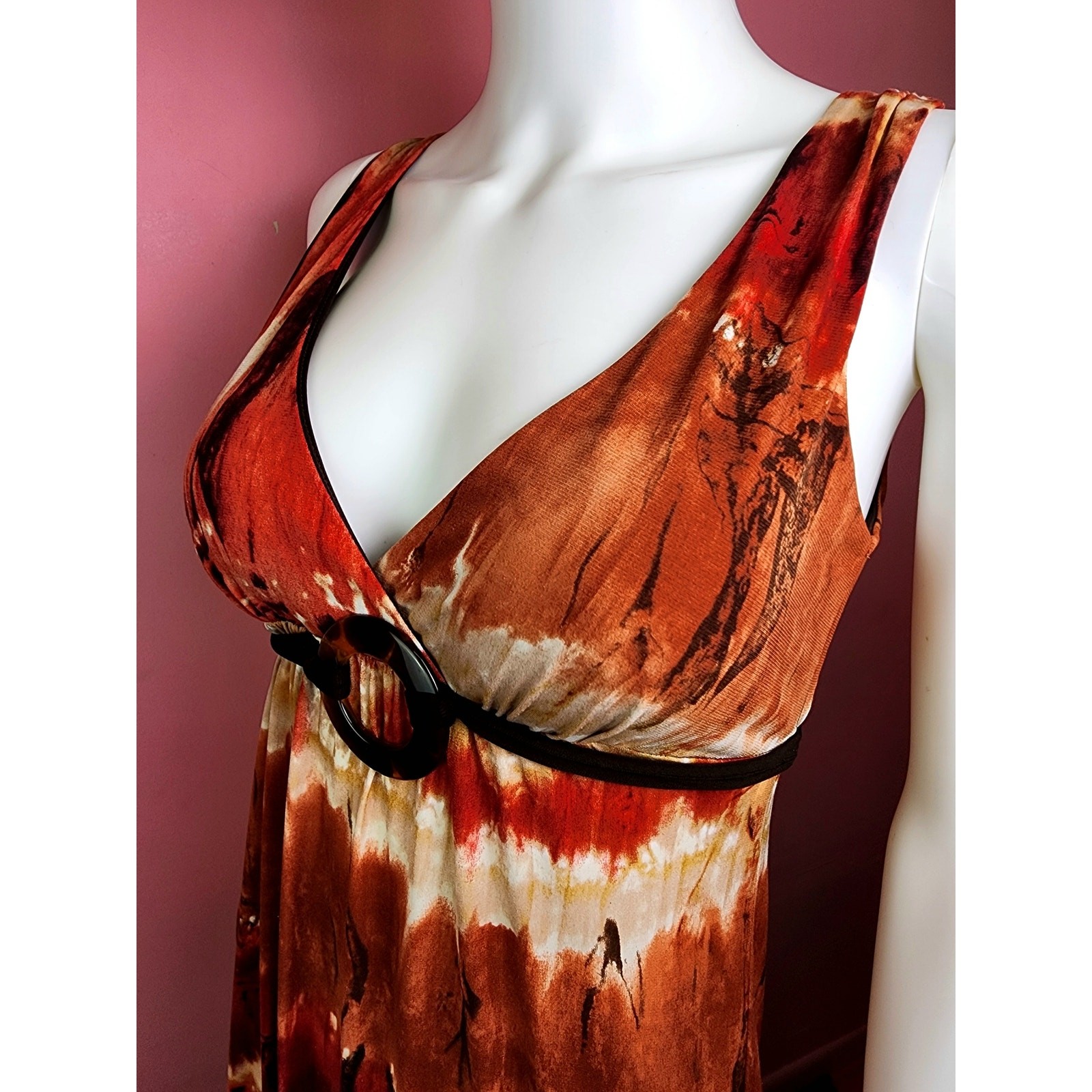 Vintage Y2K Fire Tie Dye Red Rust Brown Tortoise Shell Bead Maxi Dress by BCX