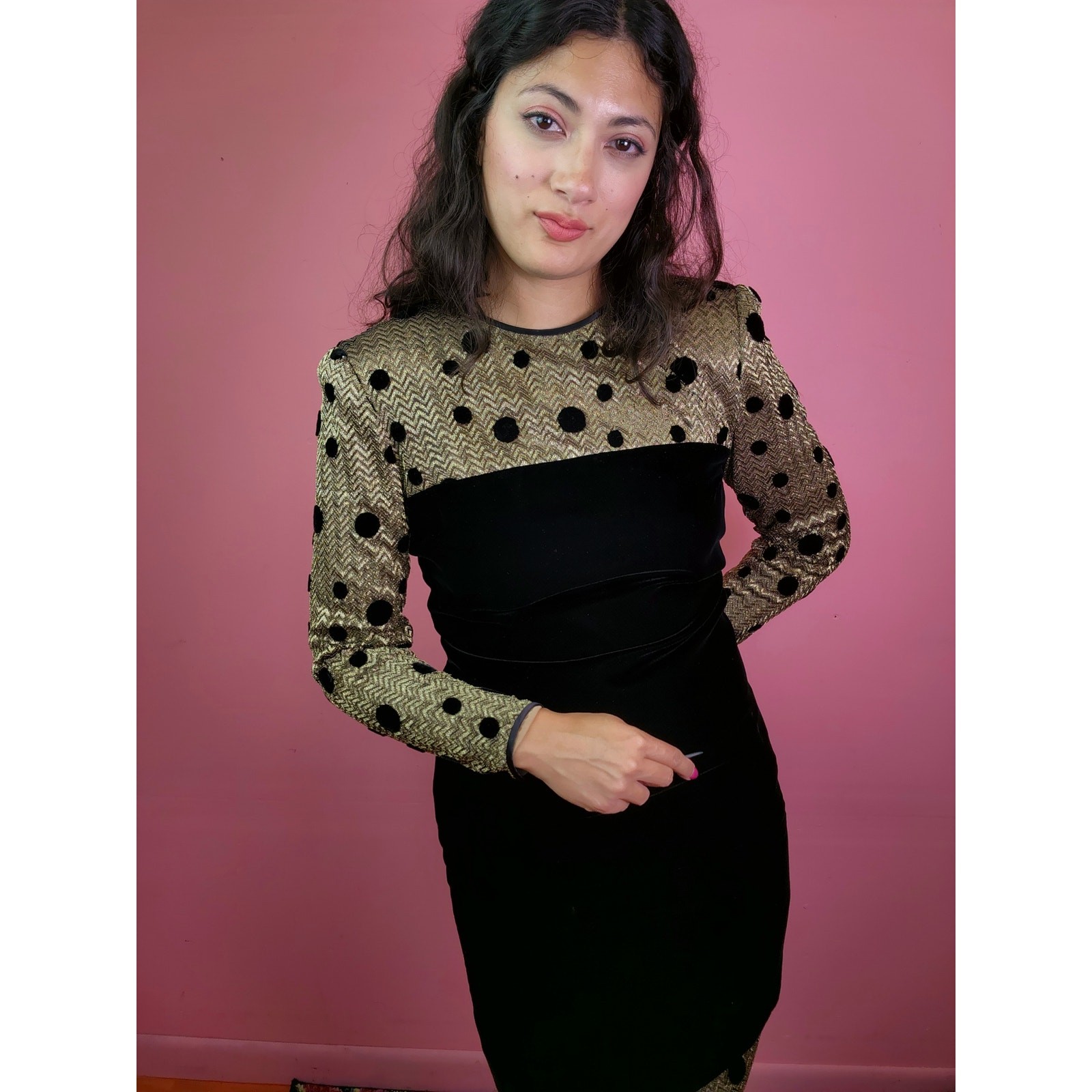 Vintage 1980’s Black Velvet Metallic Gold Polka Dot Long Sleeve Cocktail Dress