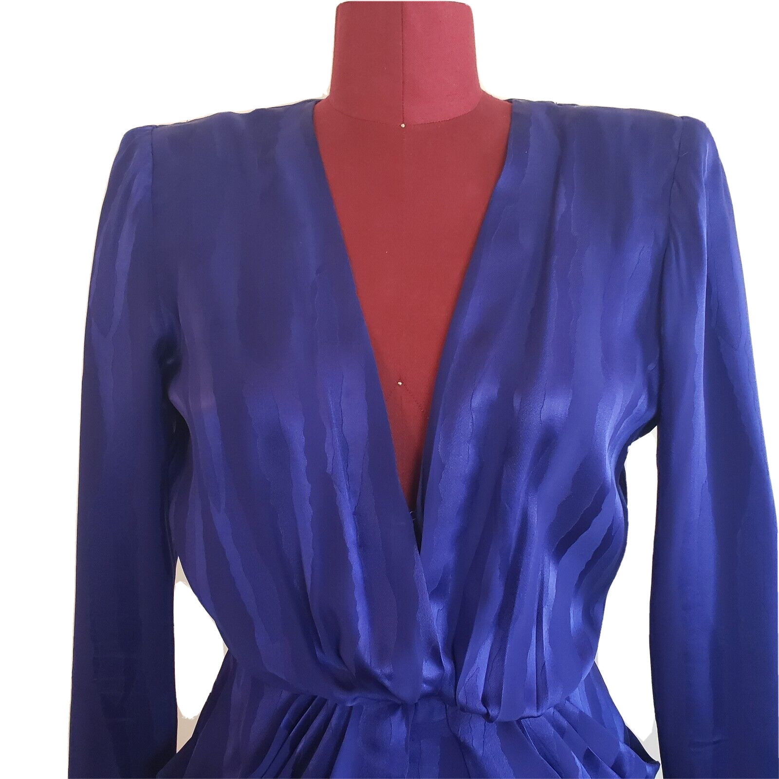 Vintage Vicky Tiel Blouse Skirt Set XS Violet Silk V Neck Peplum Knee Length
