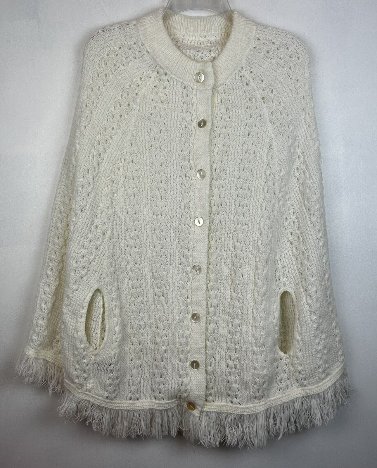 Vtg Shawl Poncho Sweater Off White Fringe Cardigan Hippie 70’s Retro One Size