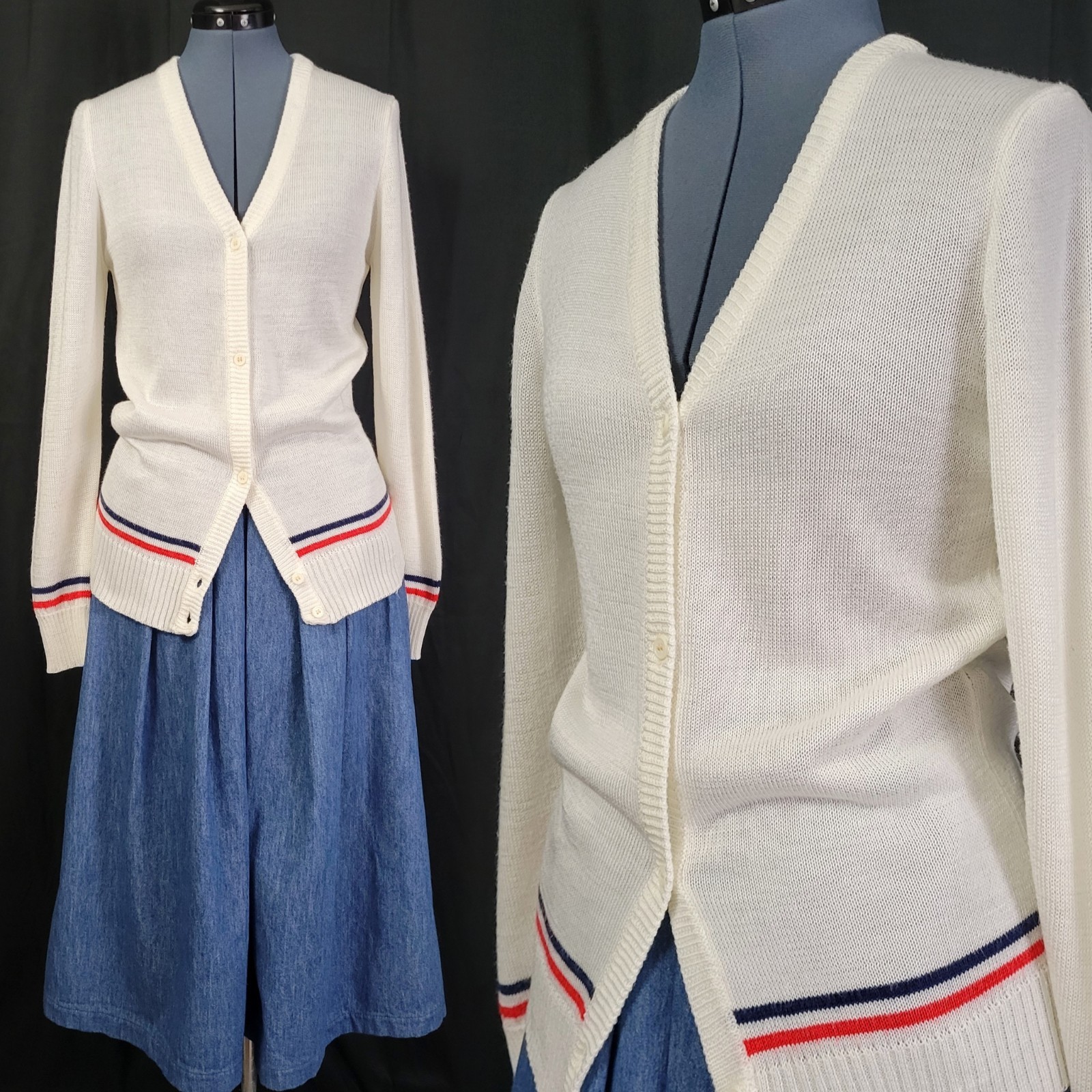 Vtg Creamy White Cardigan w Red & Blue Striping Along Cuff/Waistband Size XS?