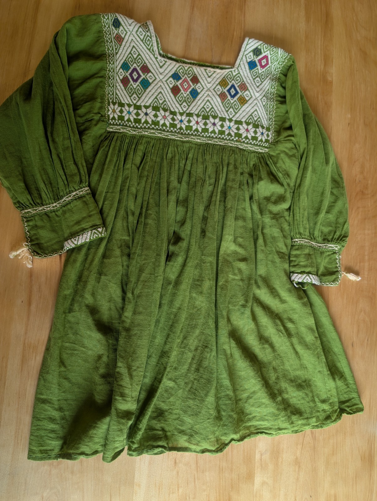 Vtg 70s Mexican Embroidered Cotton Gauze Tunic Blouse Boho Peasant Green Huipil