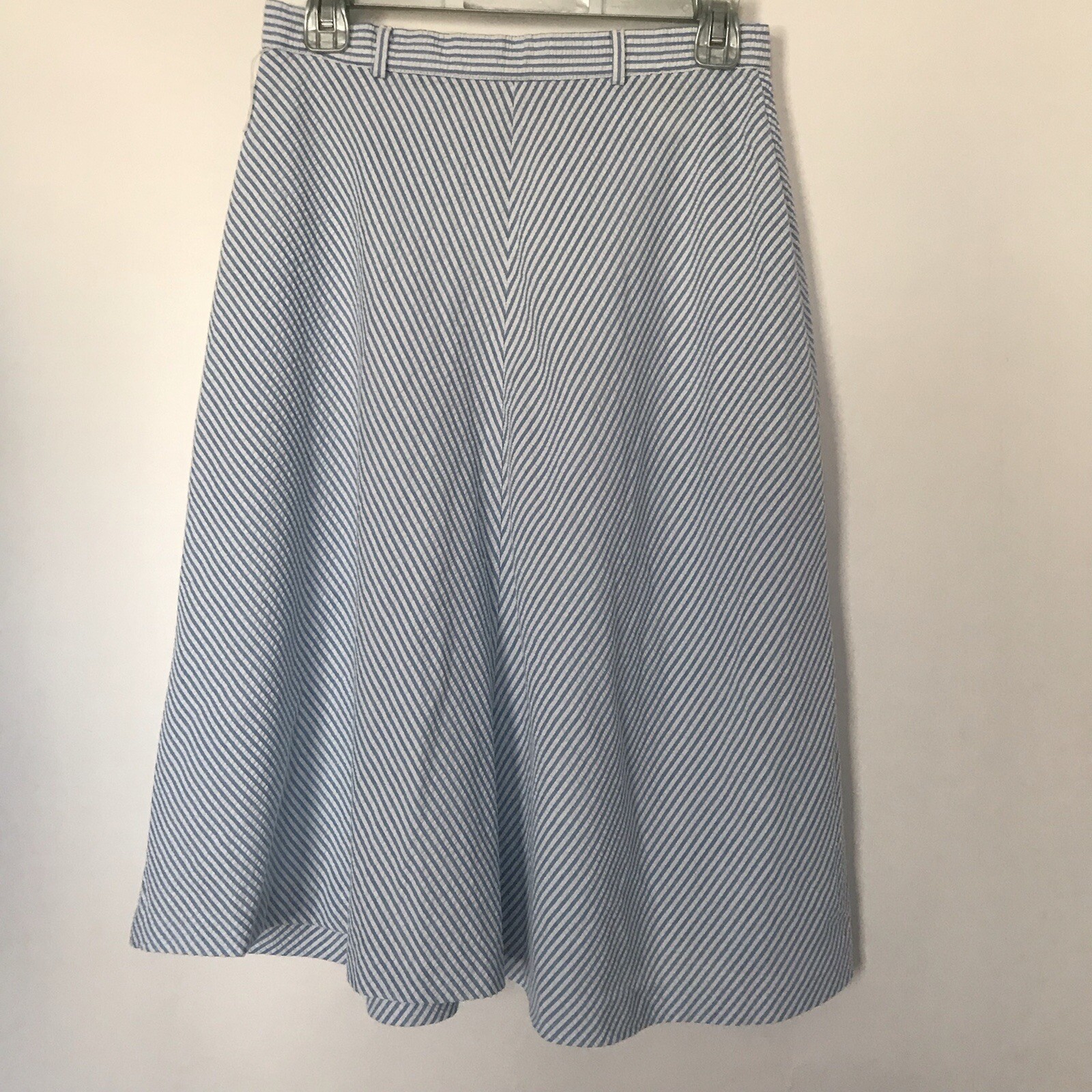 Vintage 70s Skirt Womens 14 28 Seersucker Stripe Nautical Coastal Secretary Midi