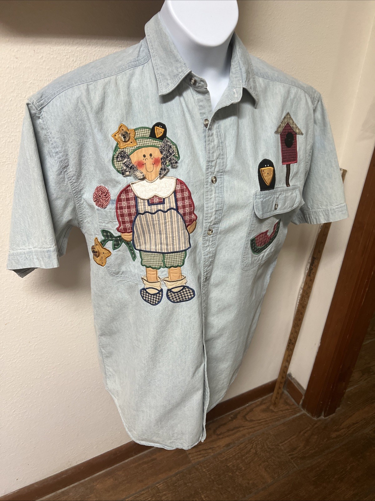 Vtg 1990 Sunbelt Sportswear Chambray Blouse Shirt Applique Gardening Boho Sz M