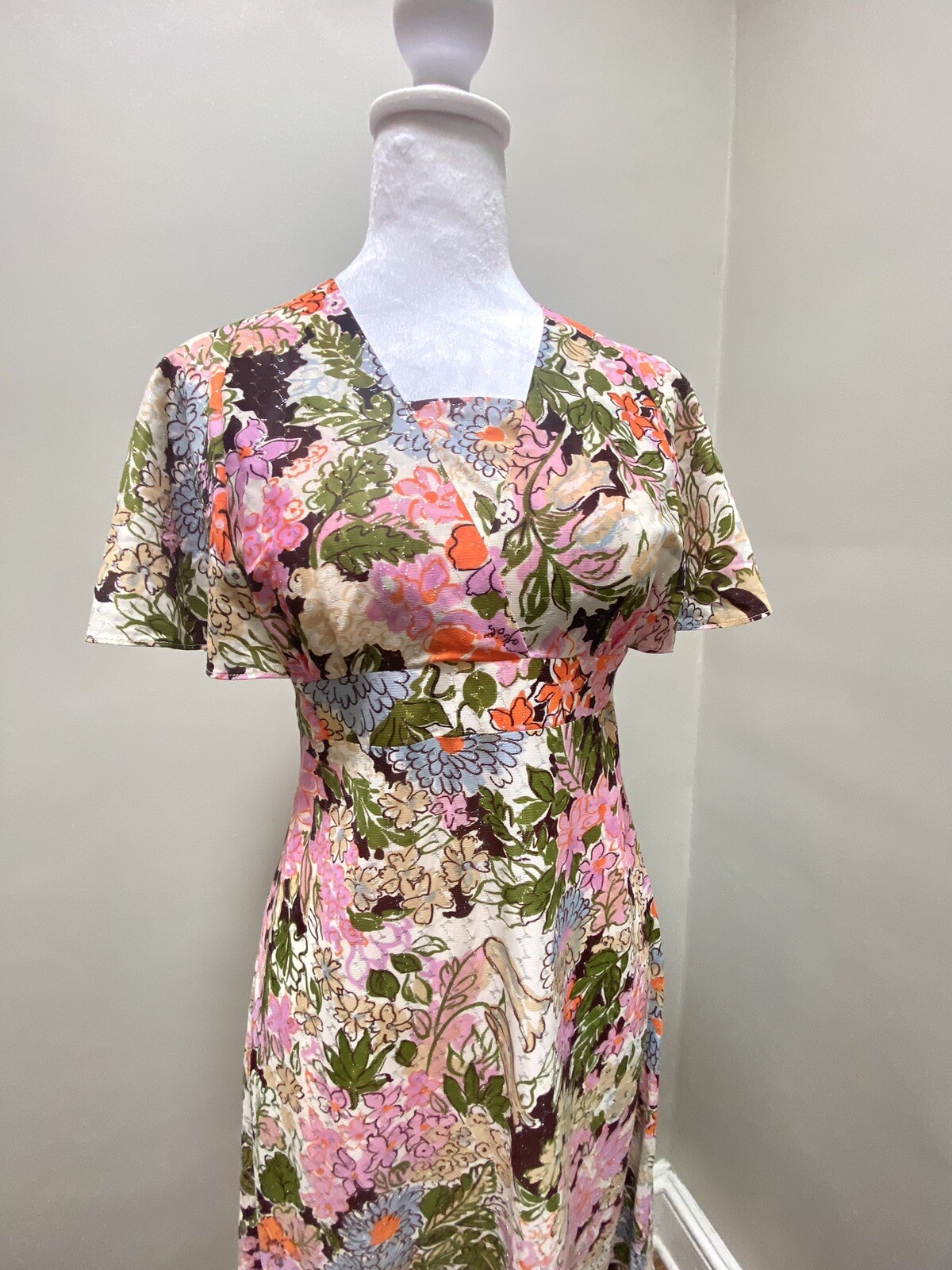 Vintage 1970s Candi Jones California Dress Colorful Groovy Floral Midi Sz 13 S/M