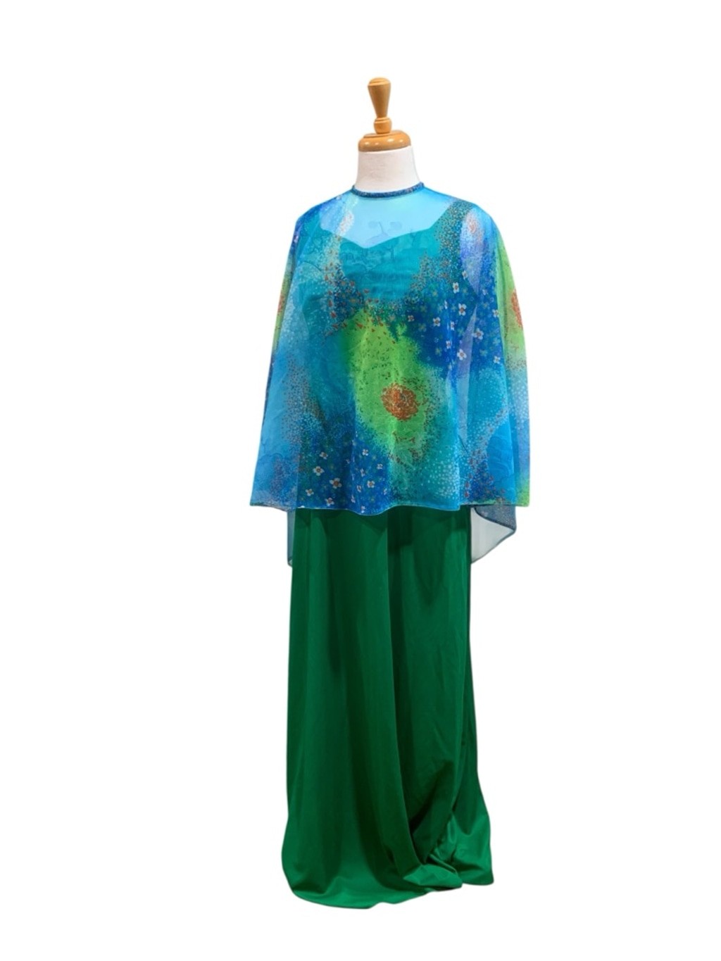 Vntg 60’s Unbranded Green & Blue Maxi floral/nature Cape Dress, Juniors 11