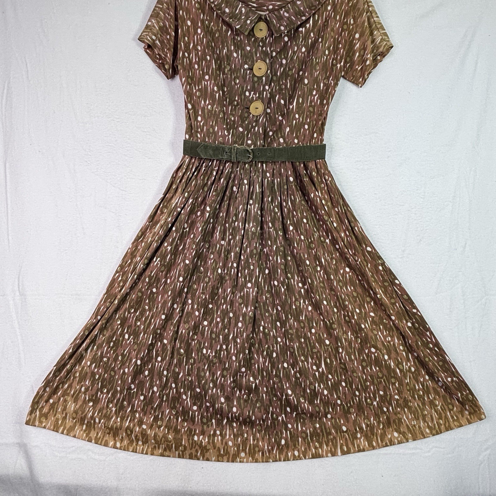 Vtg 60s Claire Tiffany Traveler Tea Dress 3 large buttons belted brown/green