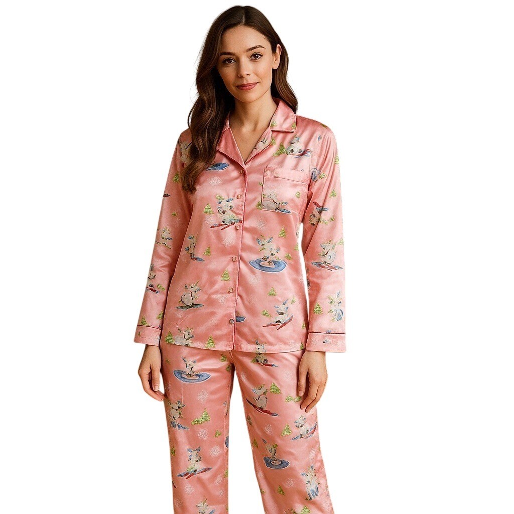 Nick & Nora Pajama Set Ski Bunny Print Sleepwear Loungewear Pink XL 14/16 VTG