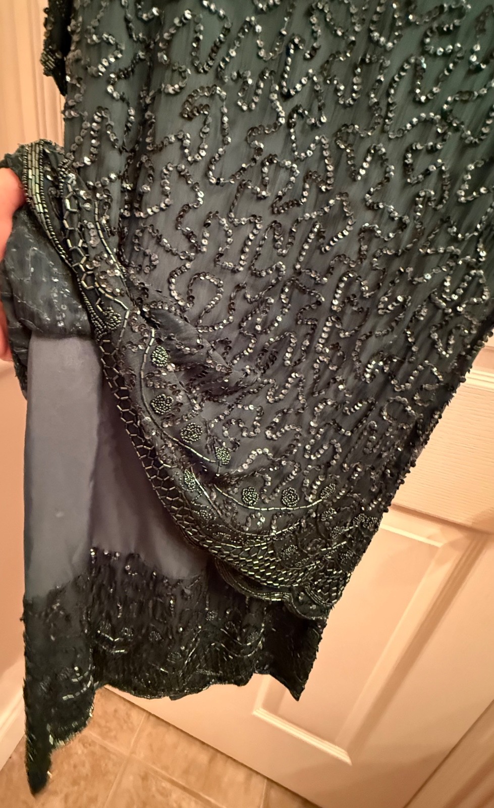 Vintage beaded silk hunter green formal dress