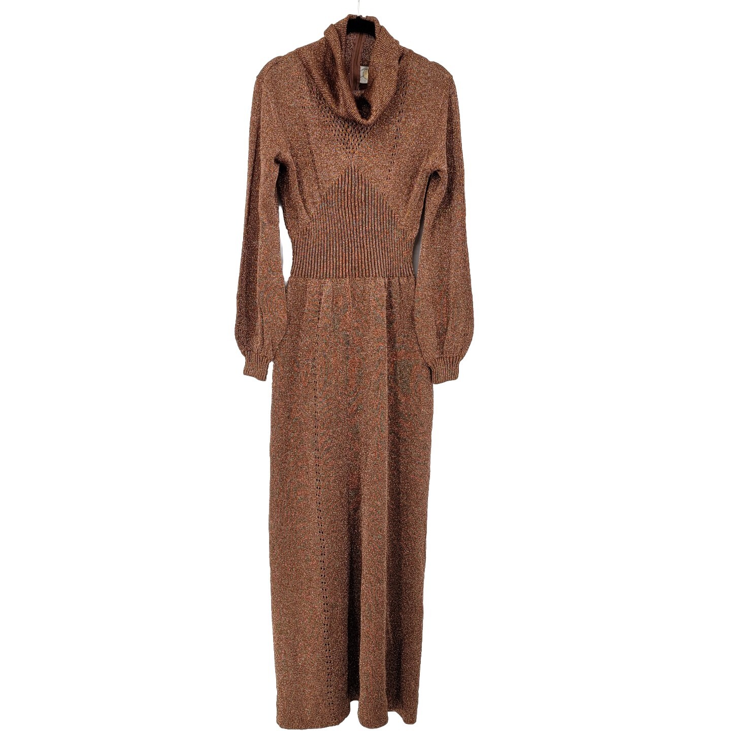 Vtg 70s Disco Wenjilli Sz 15/16 Copper Gold Metallic Knit Maxi Dress Cowl Gown