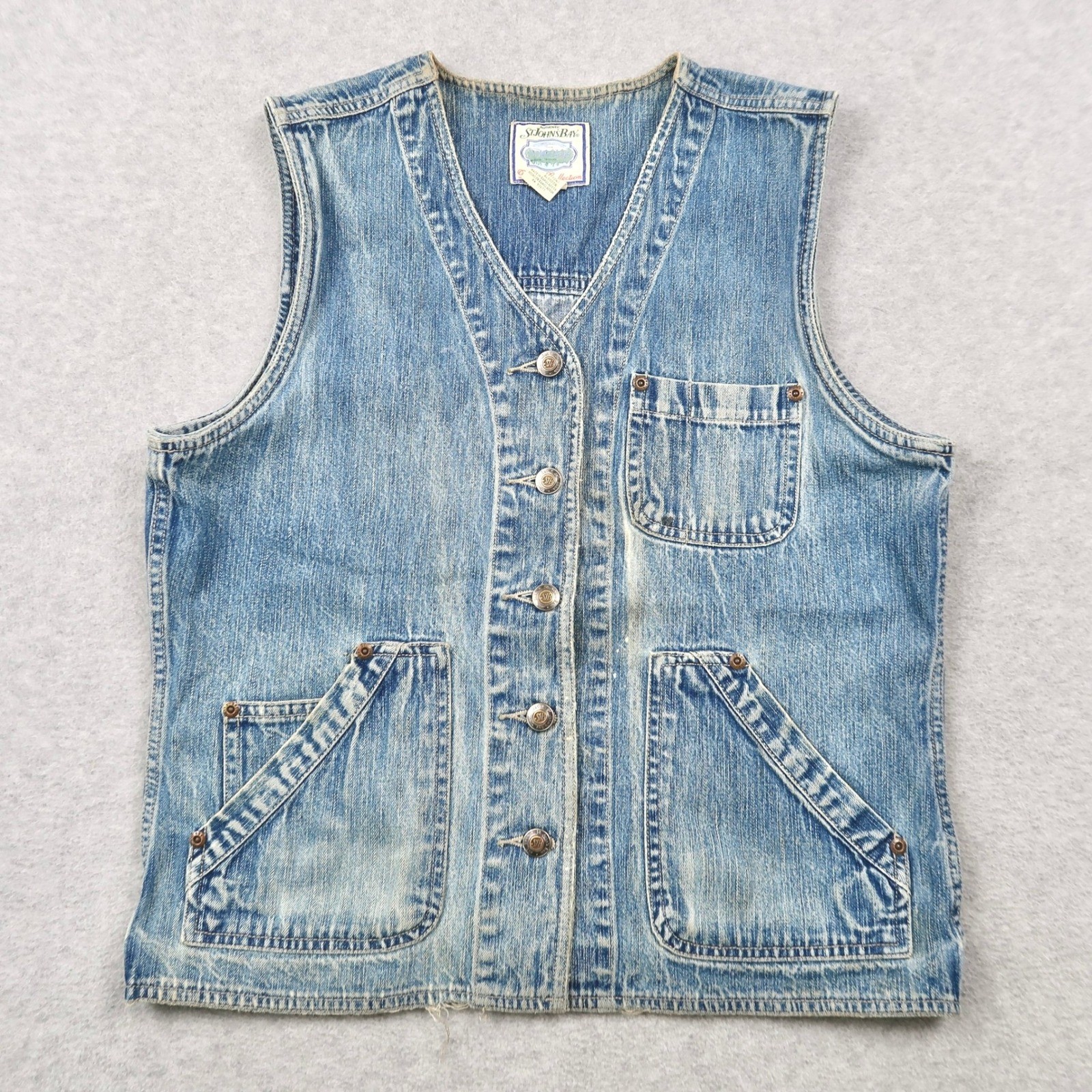 Vintage St Johns Bay Women M Medium Denim Vest Blue Cotton Button Front Workwear