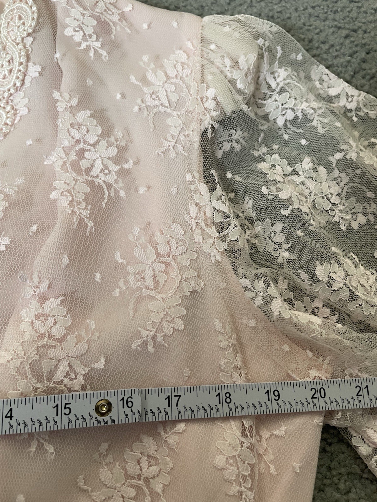 70s Embroidered Floral Lace Midi Dress Sz 15/16 Pink Flutter Sleeve Cocktail
