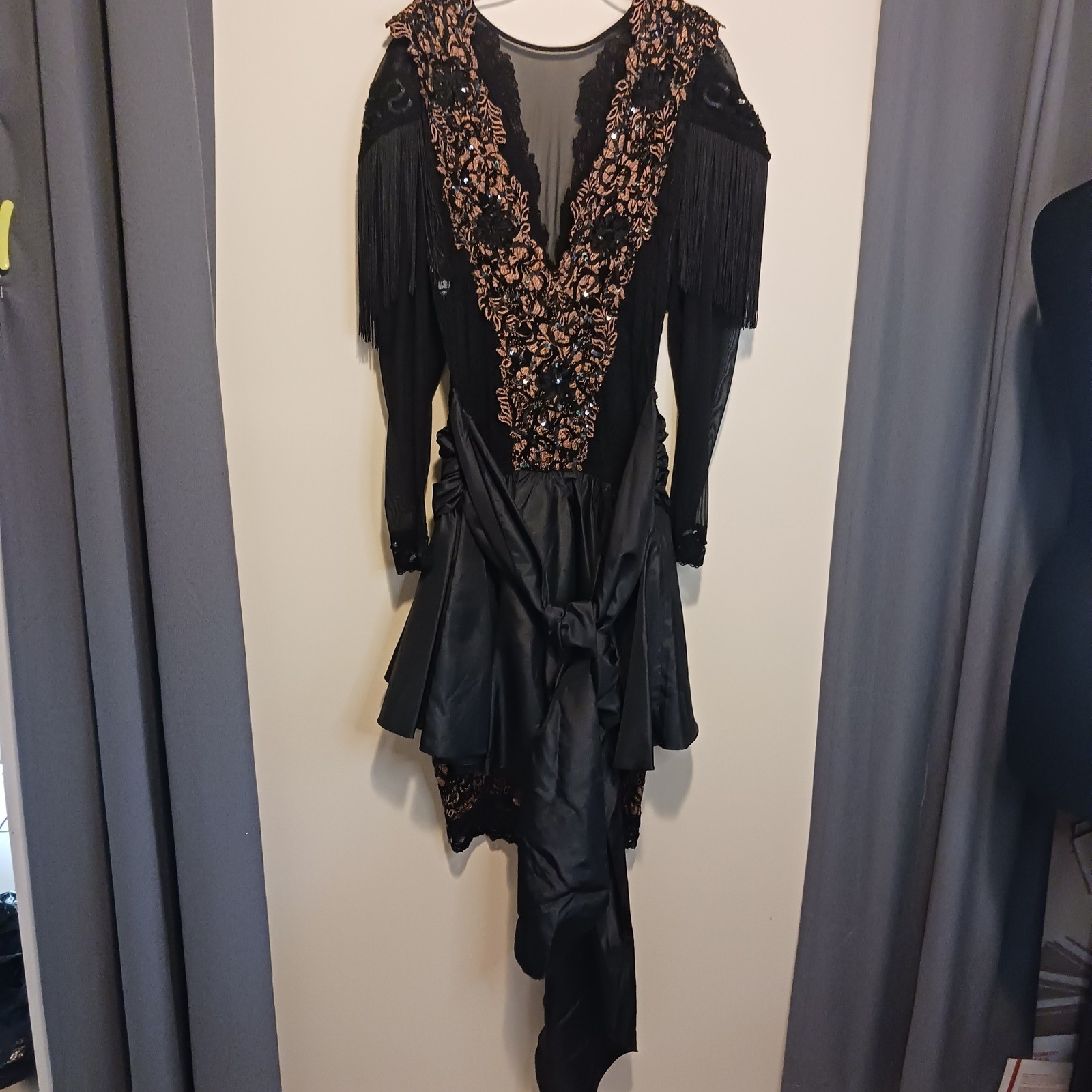 Vintage Janine 80s Goth Party Dress Black Bronze Metallic Lace Fringe Sequin S