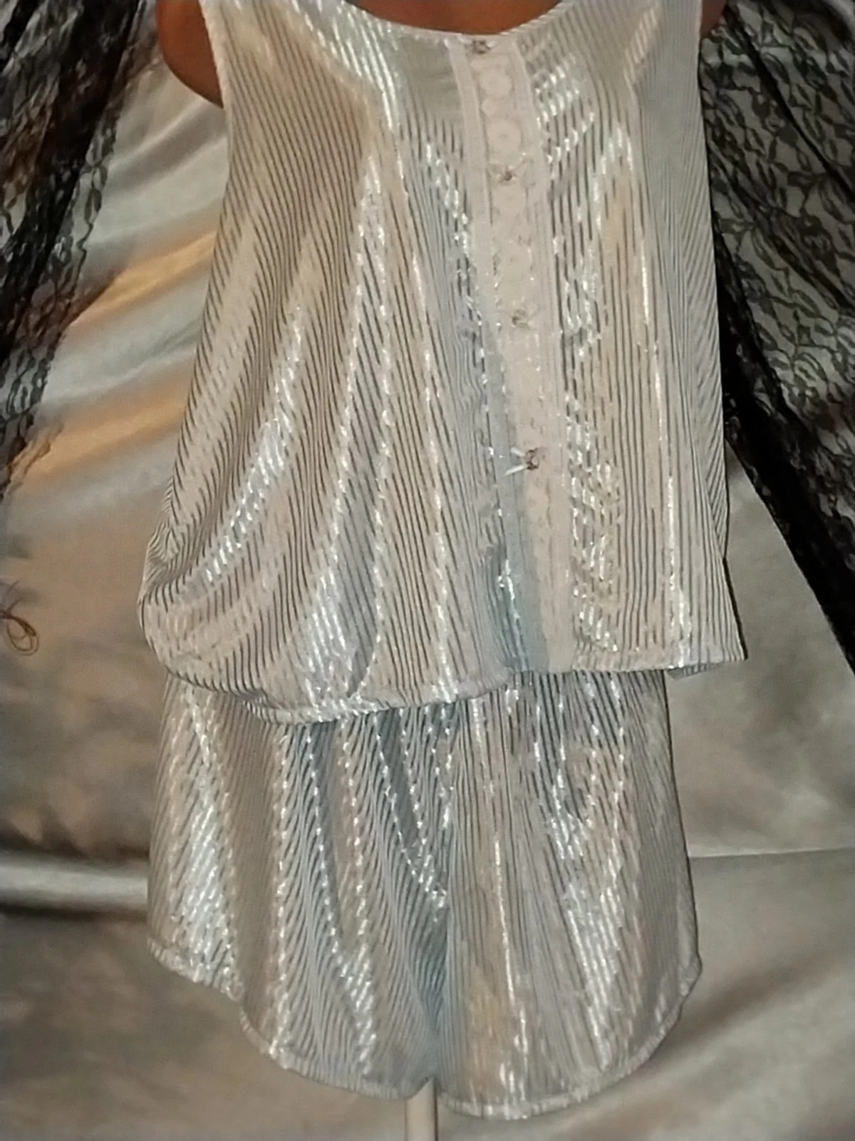 VTG SILKY BABY BLUE SHINY STRIPES LACE PANTIES BLOOMERS BLOUSE SLEEP SHIRT 48″