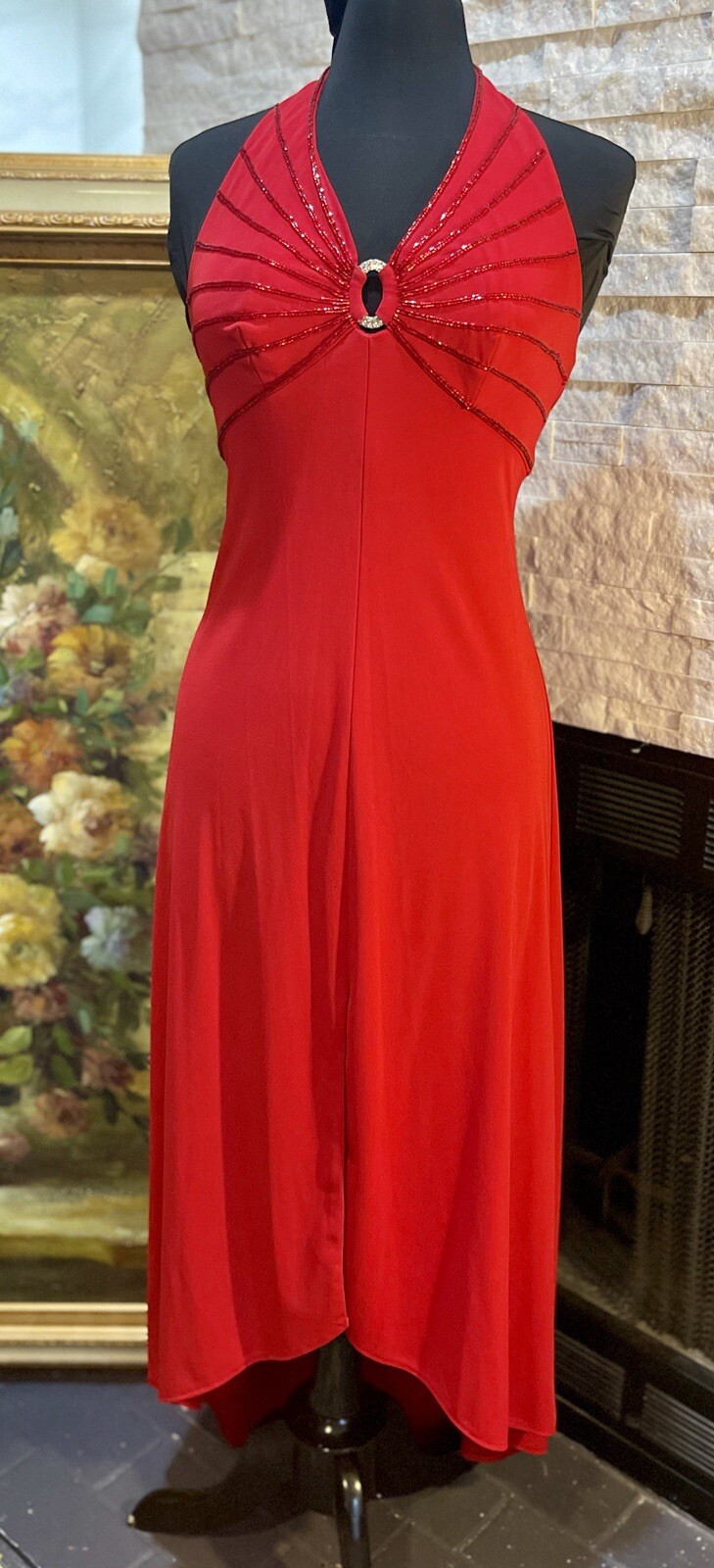 VTG De Laru Y2K Sexy Red Halter Dress Beading Rhinestone Size 8 A Line