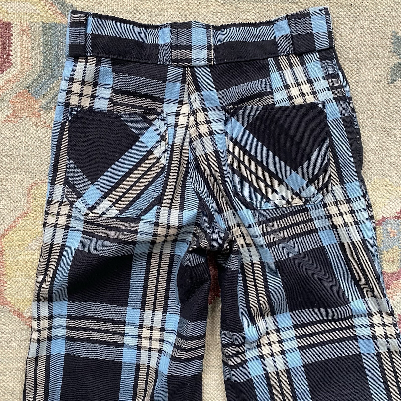Vintage Plaid Bell Bottoms 27×32 Big Bell Flare Hippie Blue 70s Talon Zip Cotton