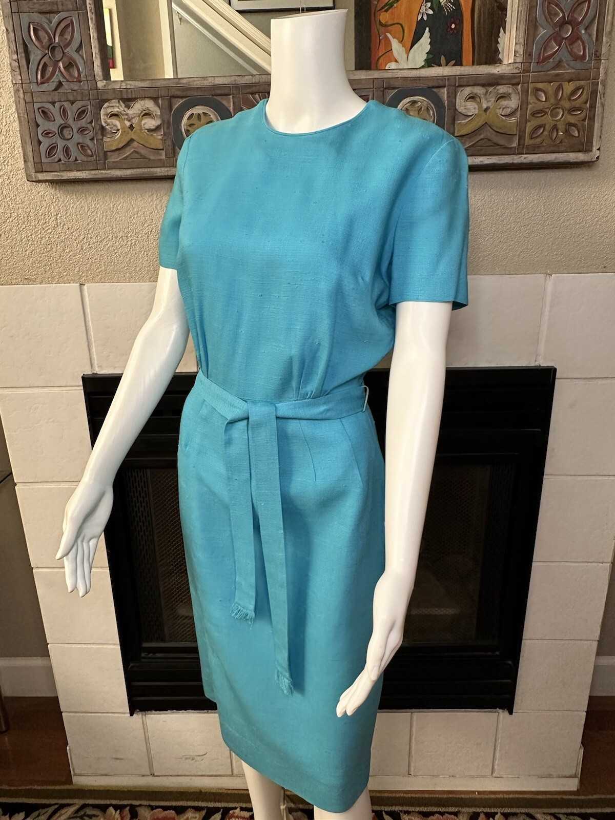 Vtg Galant Dress w/tag belted rayon turquoise Circ 1980s armpit to armpit 18″