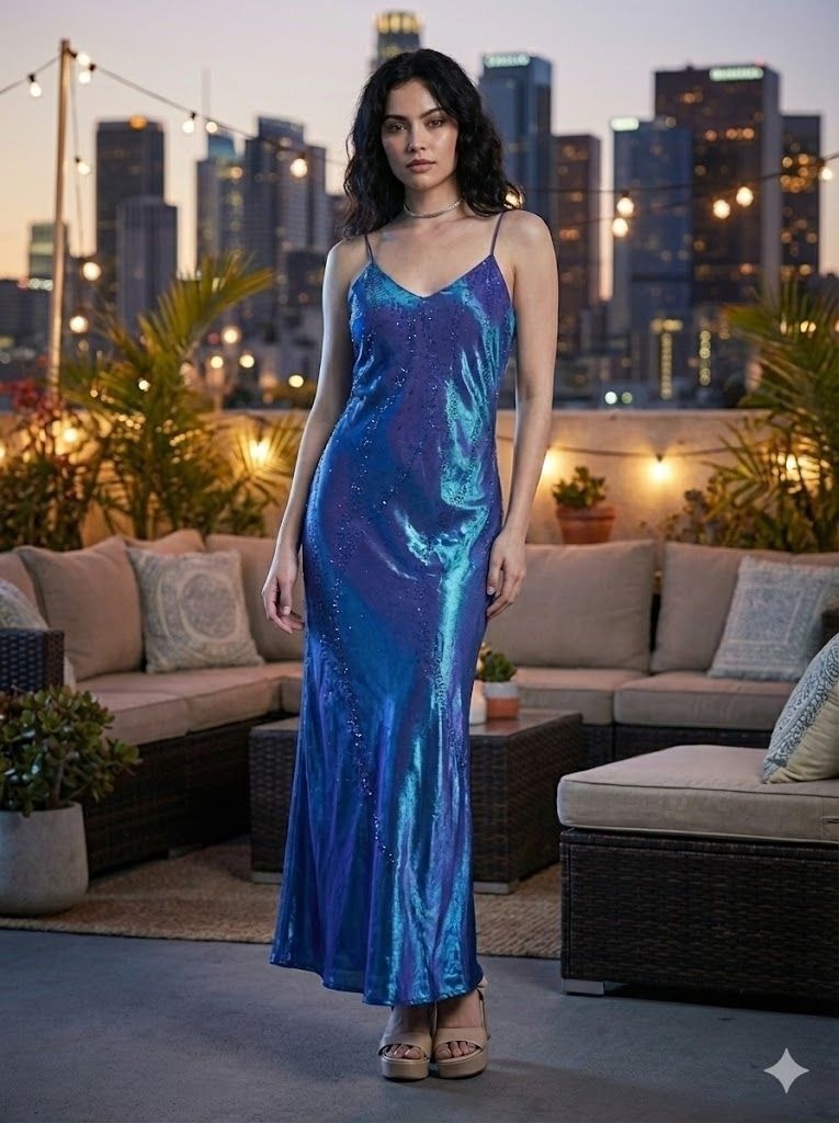 Vintage Y2K Niki Womens Size 6 Blue Purple Iridescent Beaded Prom Gown Dress