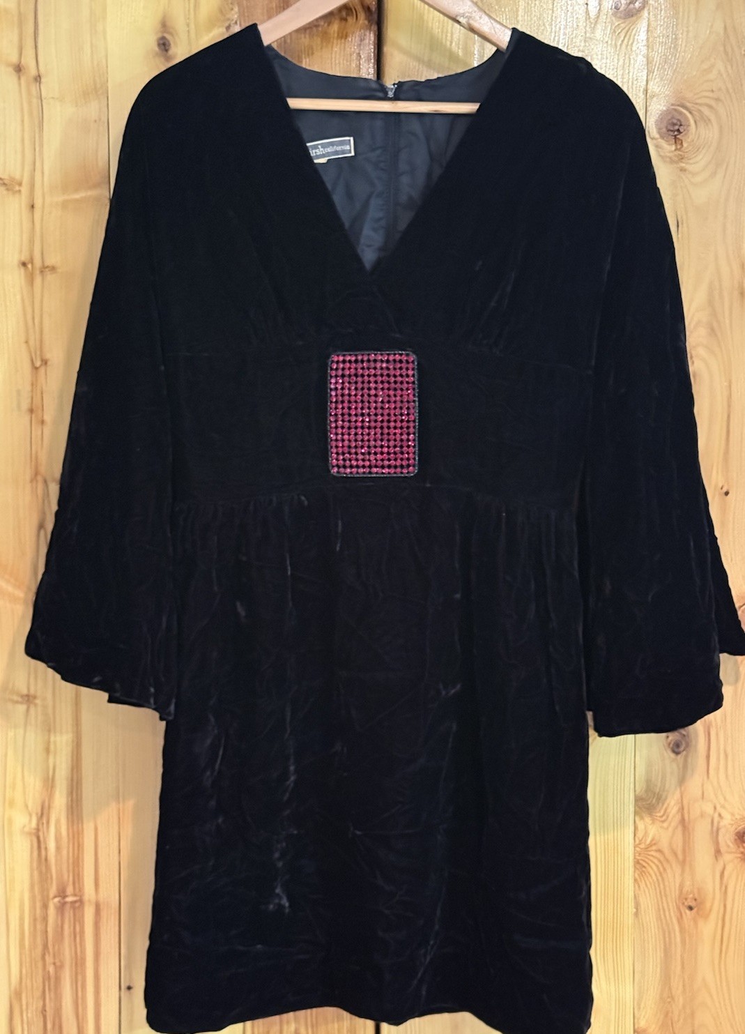 Vintage S. Howard Hirsh California Black Velvet Empire Dress 4 Rhinestones 1960s
