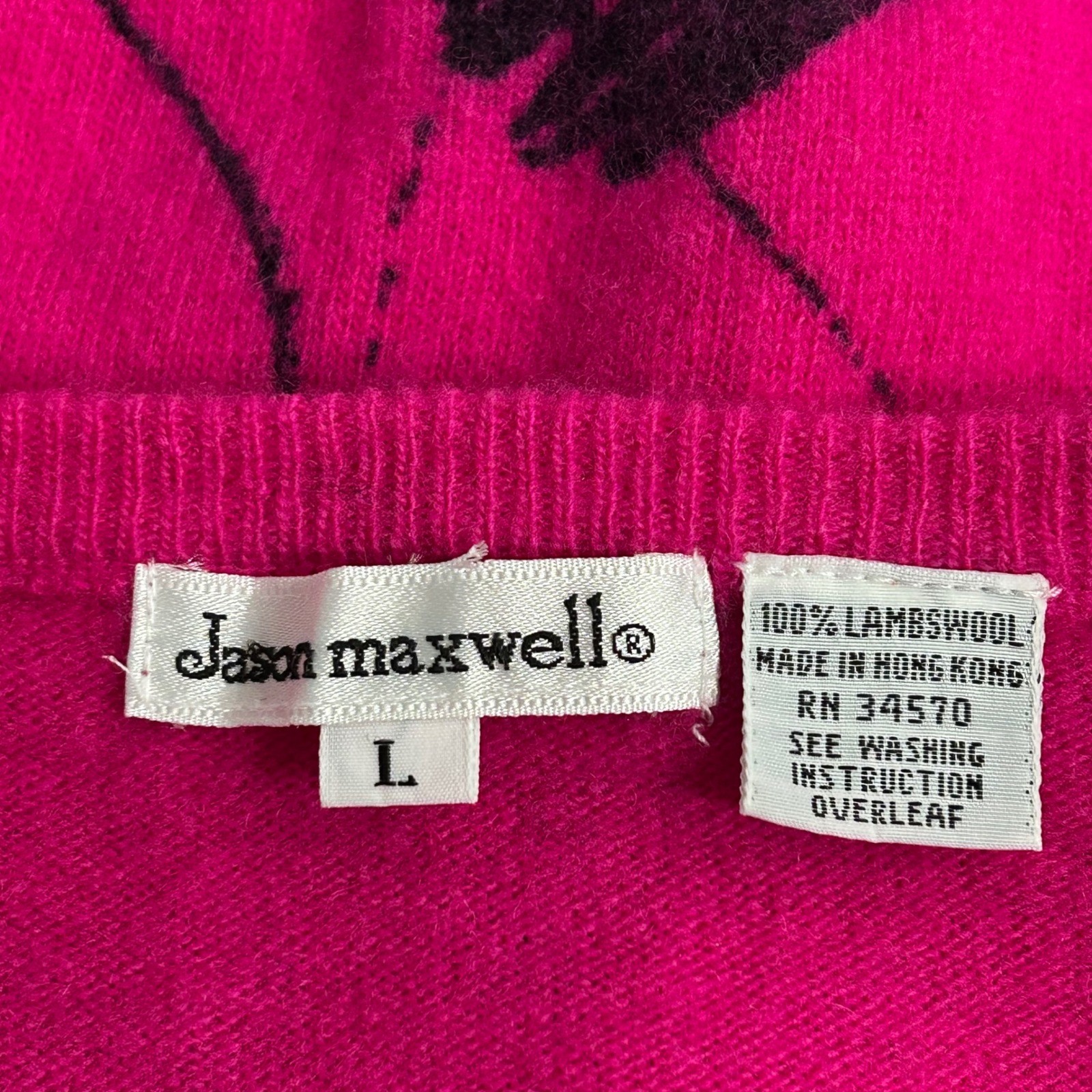 Jason Maxwell Vintage 80s Retro Wool Sweater Abstract Print Hot Pink Black Large