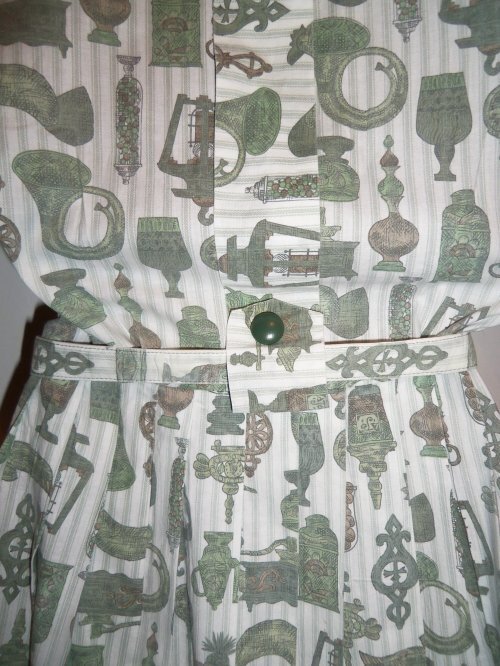 Vtg 50s VIRGINIA HART Cotton Fabric KITCHEN THEME Belt Dress DEADSTOCK M L NOS