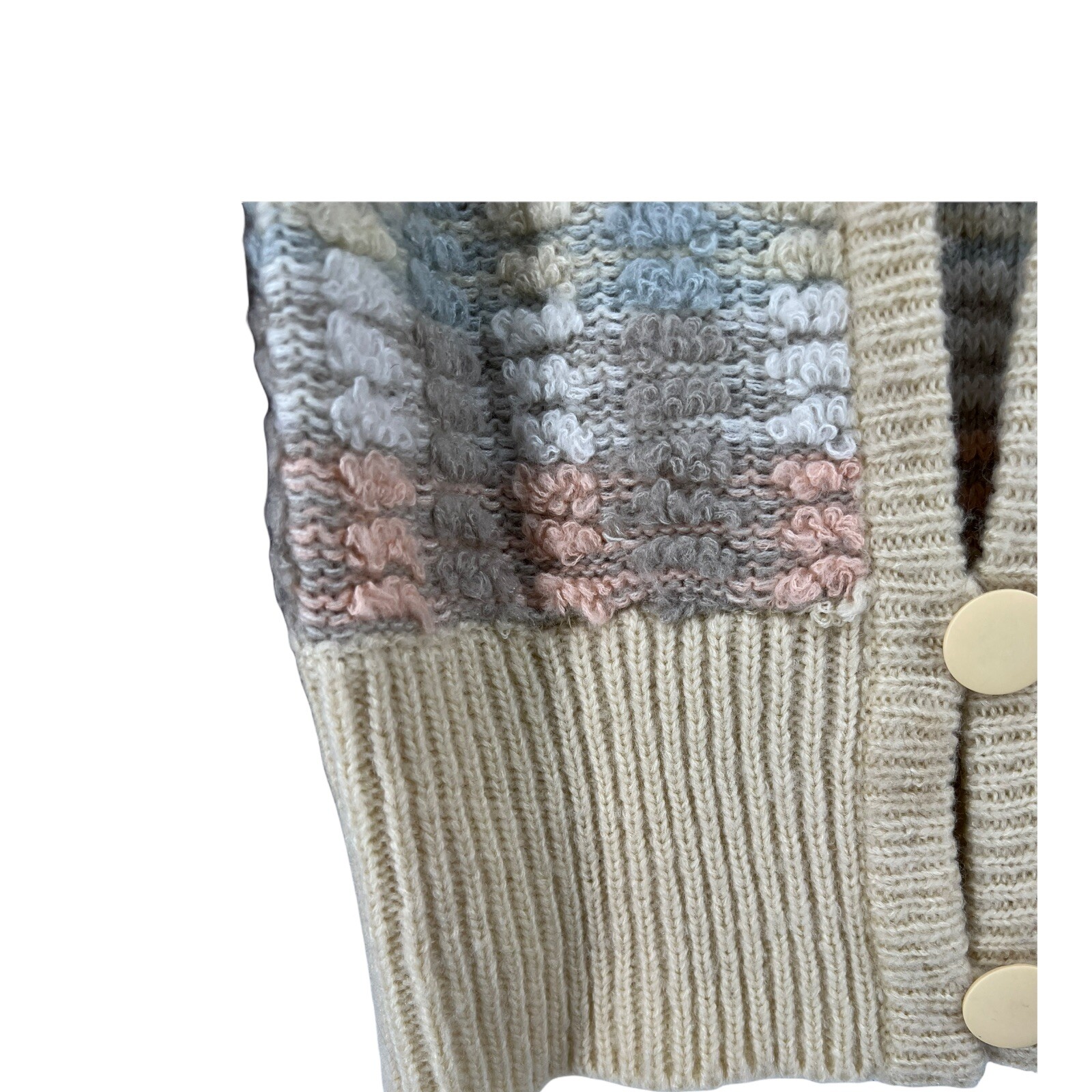 Vtg 80s Muted Pastel Chunky Popcorn Knit Oversized Cardigan Sweater SZ S