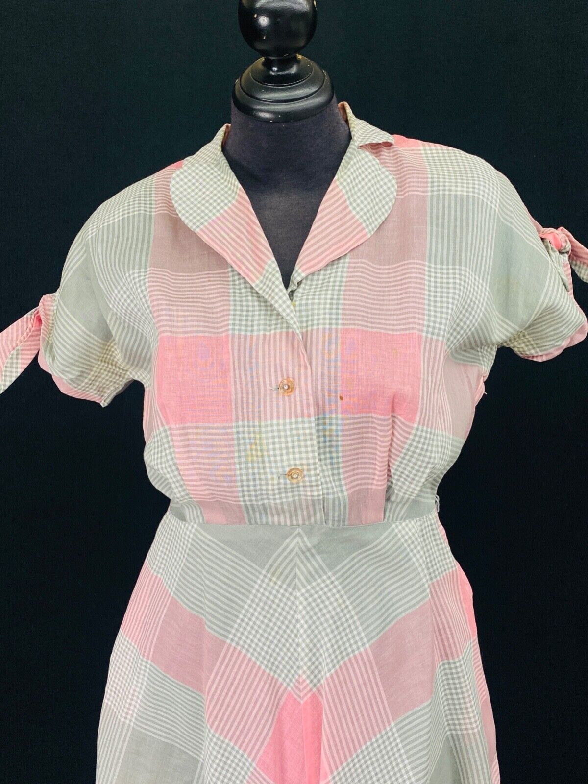 Vintage 1950s pink gray plaid dress cotton sheer short sleeve 1940s XL plus size