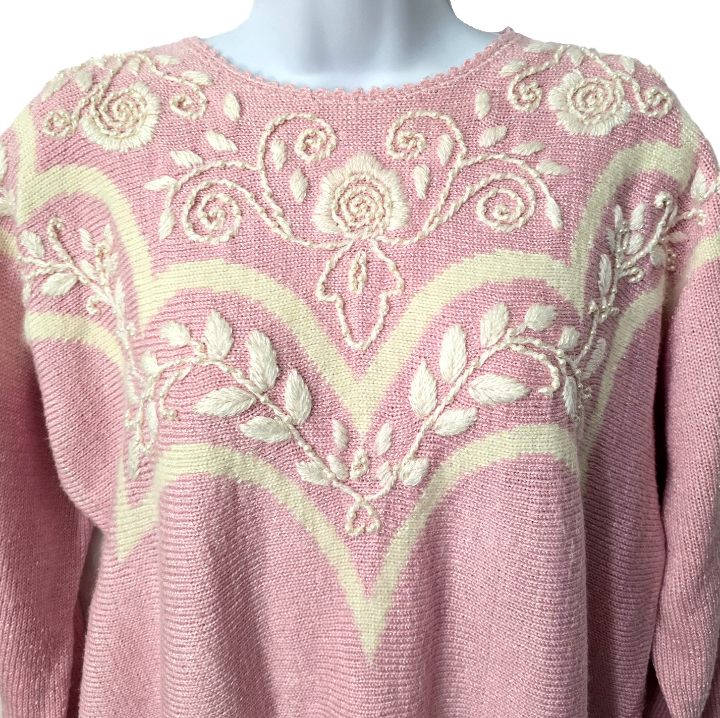 Vintage Embroidered Feminine Sweater Top M Beaded Girly Kawaii Pink Ivory 90s