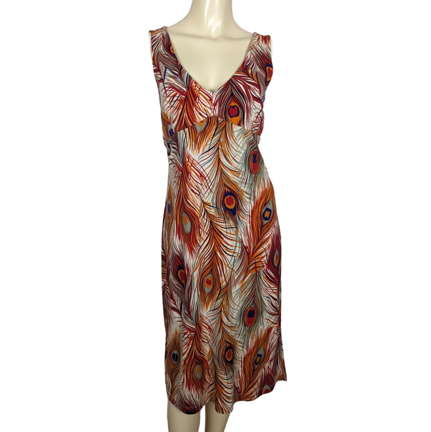 BCBG Dresses Large orange blue Peacock Feather print Vintage Empire Waist Y2K