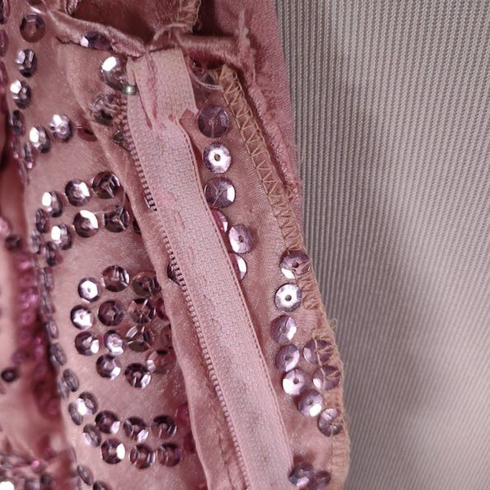 Vintage 80s Pink Sequin Formal Dress Size 12 Puff Sleeve Basque Waist