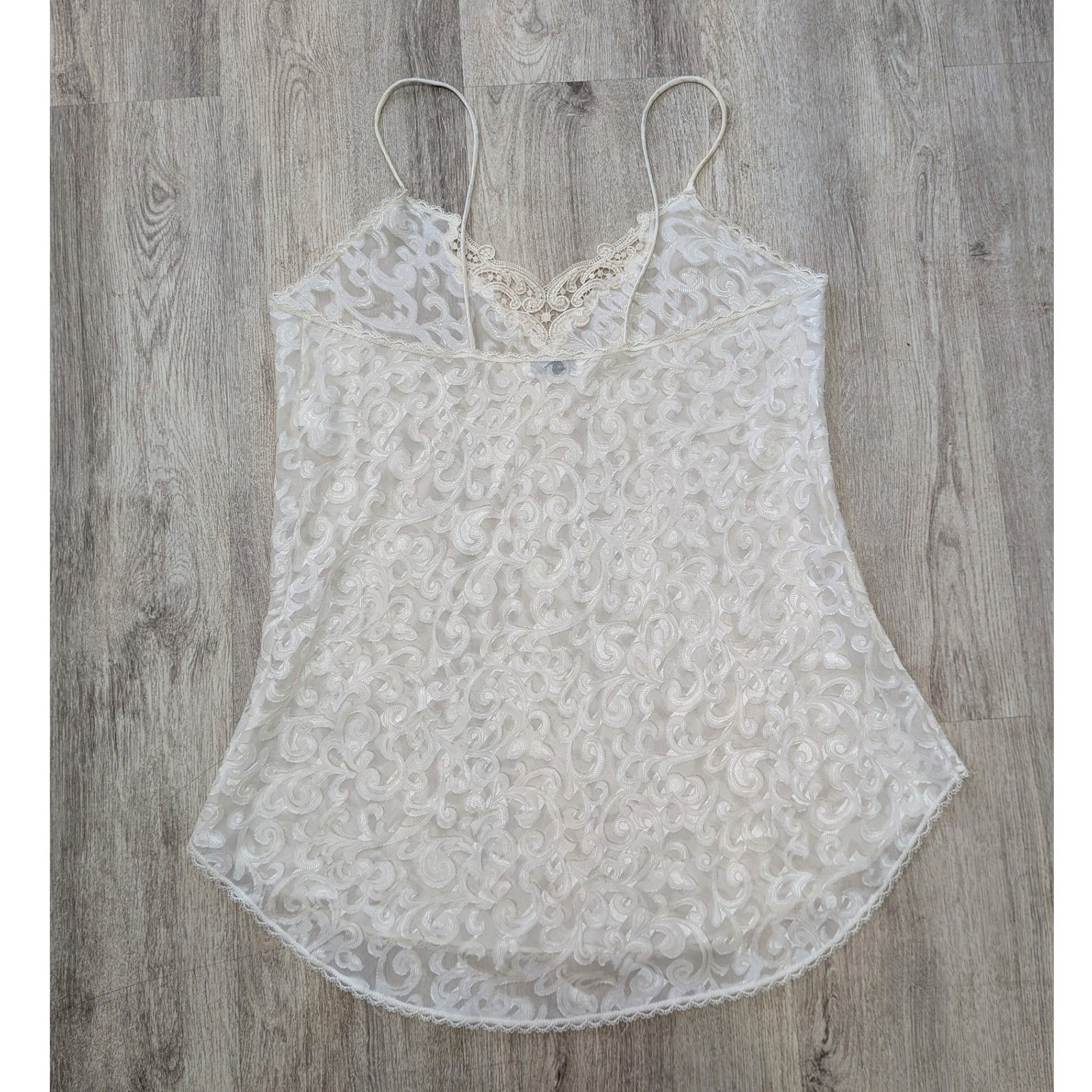 1980s Vintage Lucie Ann II Ivory Burnout Scroll Lace Mini Slip Bridal Size Large