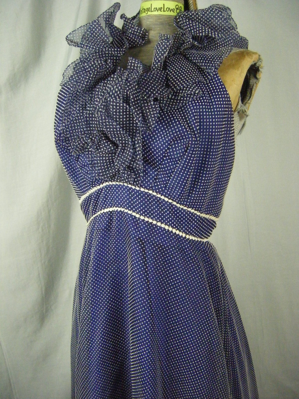 MIKE BENETT FORMALS Vtg 70s Navy Felt Dots Ruffle Halter Dress-Bust 34/XS