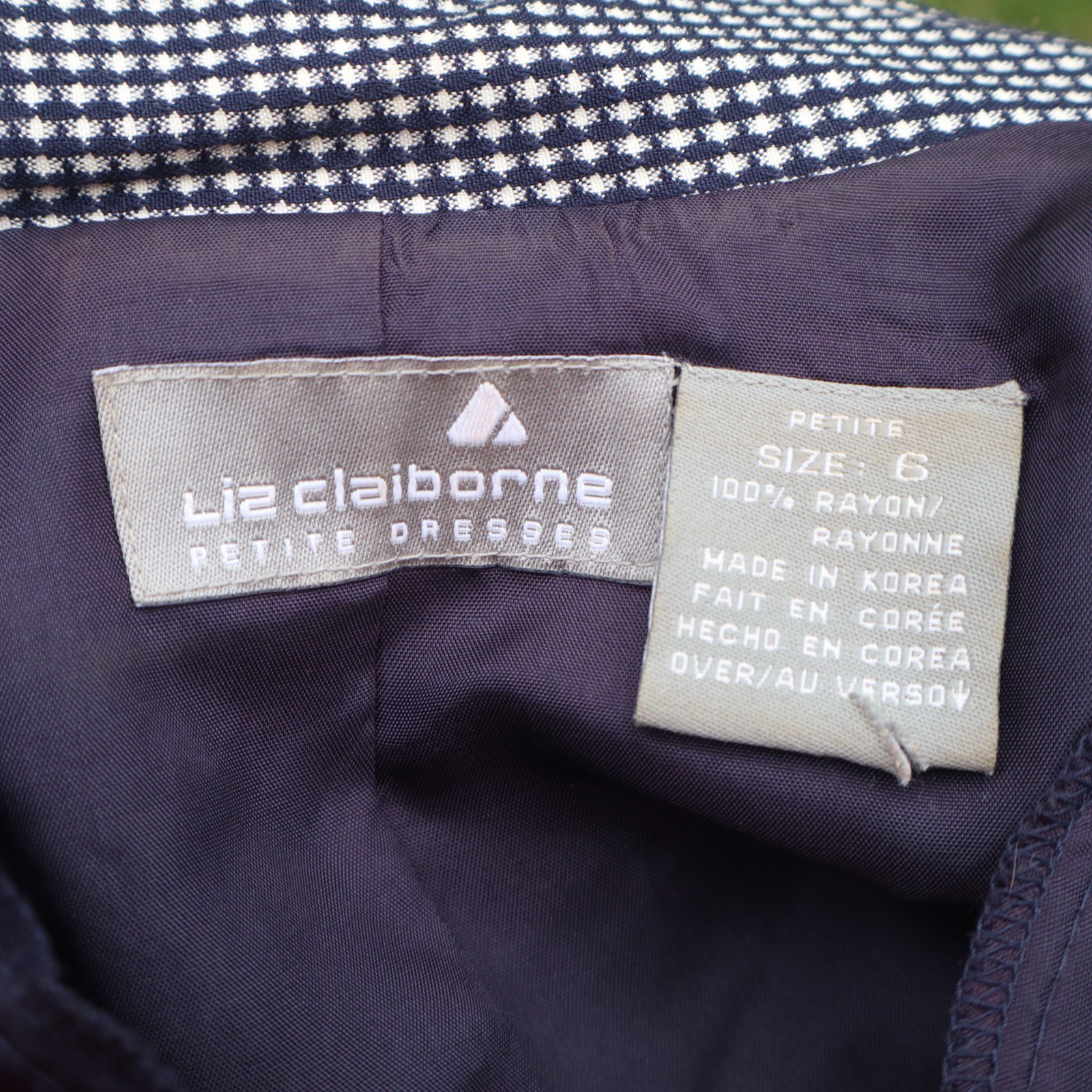 Vintage Liz Claiborne Petite Dress Navy White Micro Check Contrast Trim Size 6P