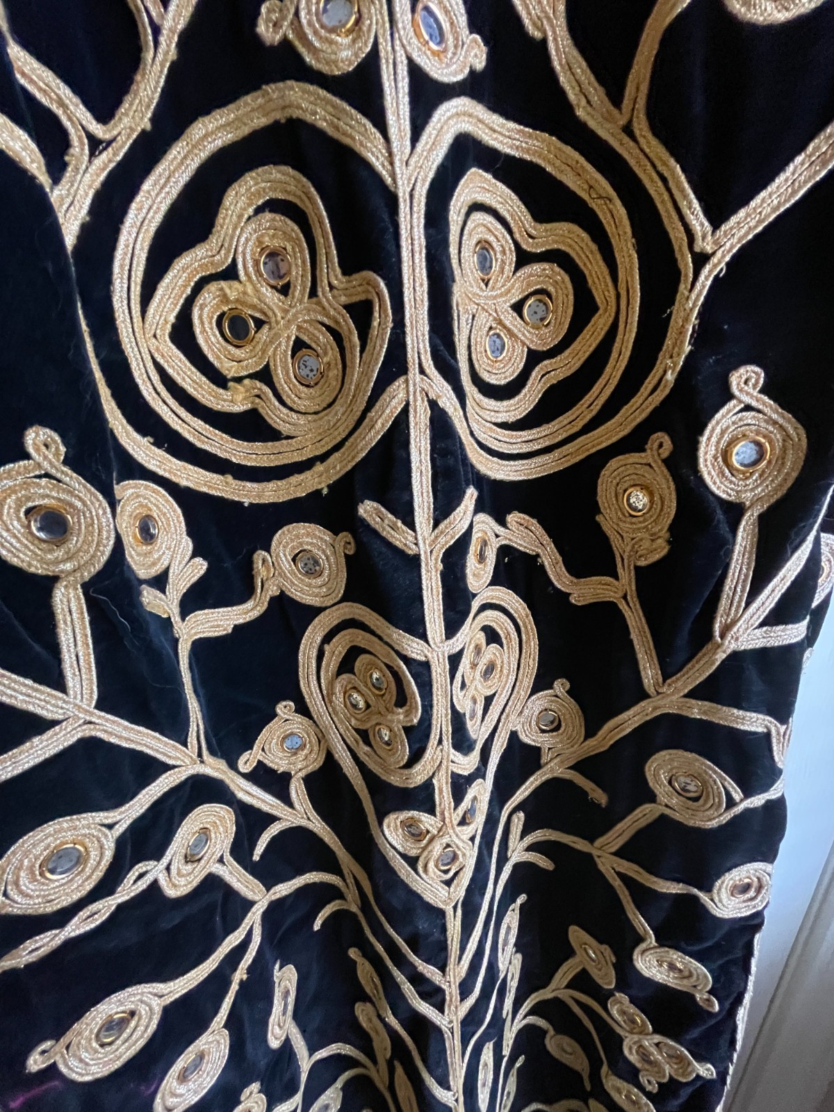 Vintage Black Velvet Dress with Mirrors and Gold Brocade Embellishments