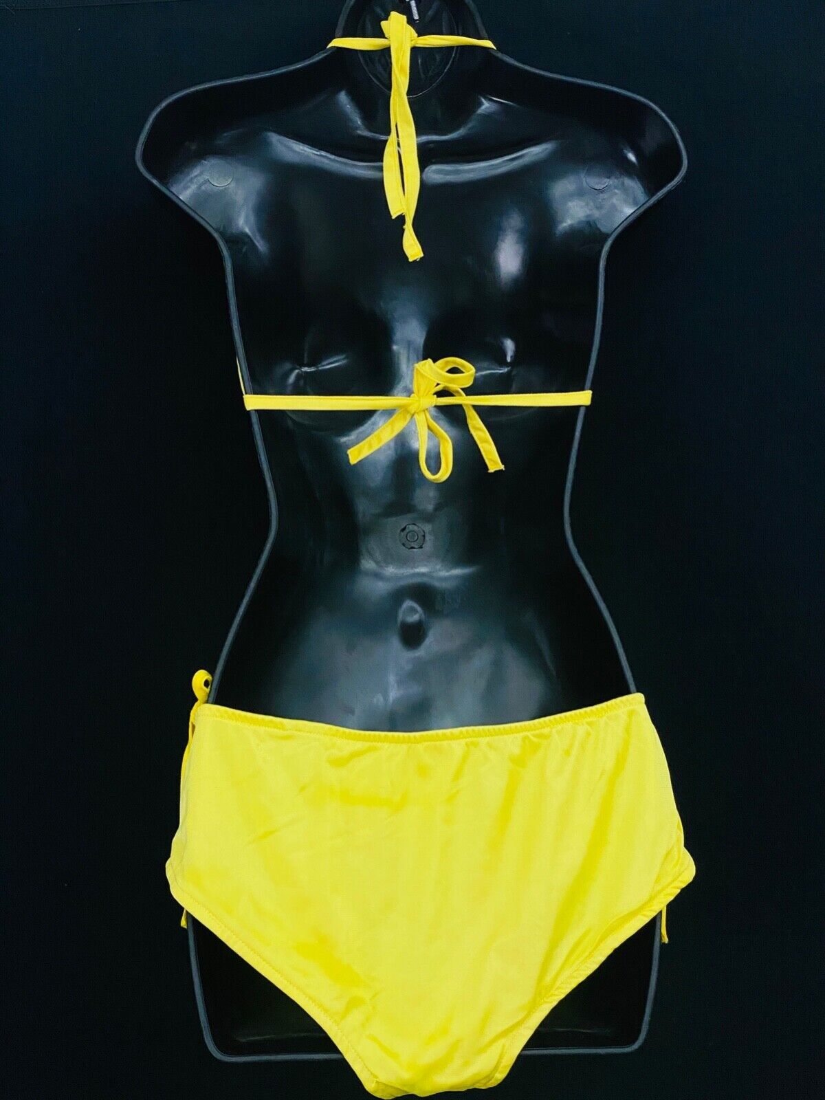 Vintage 1970s yellow string bikini swimsuit high waist halter heart cut out XS S