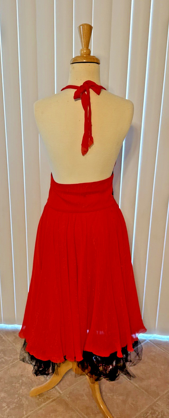 VTG 50s Marilyn Monroe Style Red Halter Midi Dress Black Tulle Cocktail Sz Small