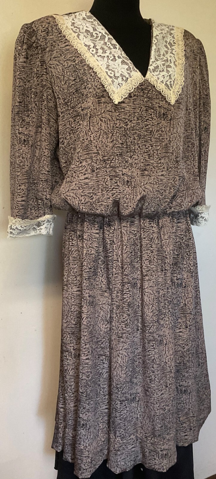 Vintage 1980s Black Patterned Dress with Lace Collar & Cuff-Large-Lorac Original