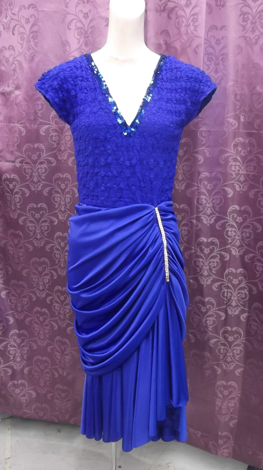 LOT 2 Dresses-70-80s Red Poly Wiggle & Royal Blue Wiggle w/ Rhinestones 36 24 38