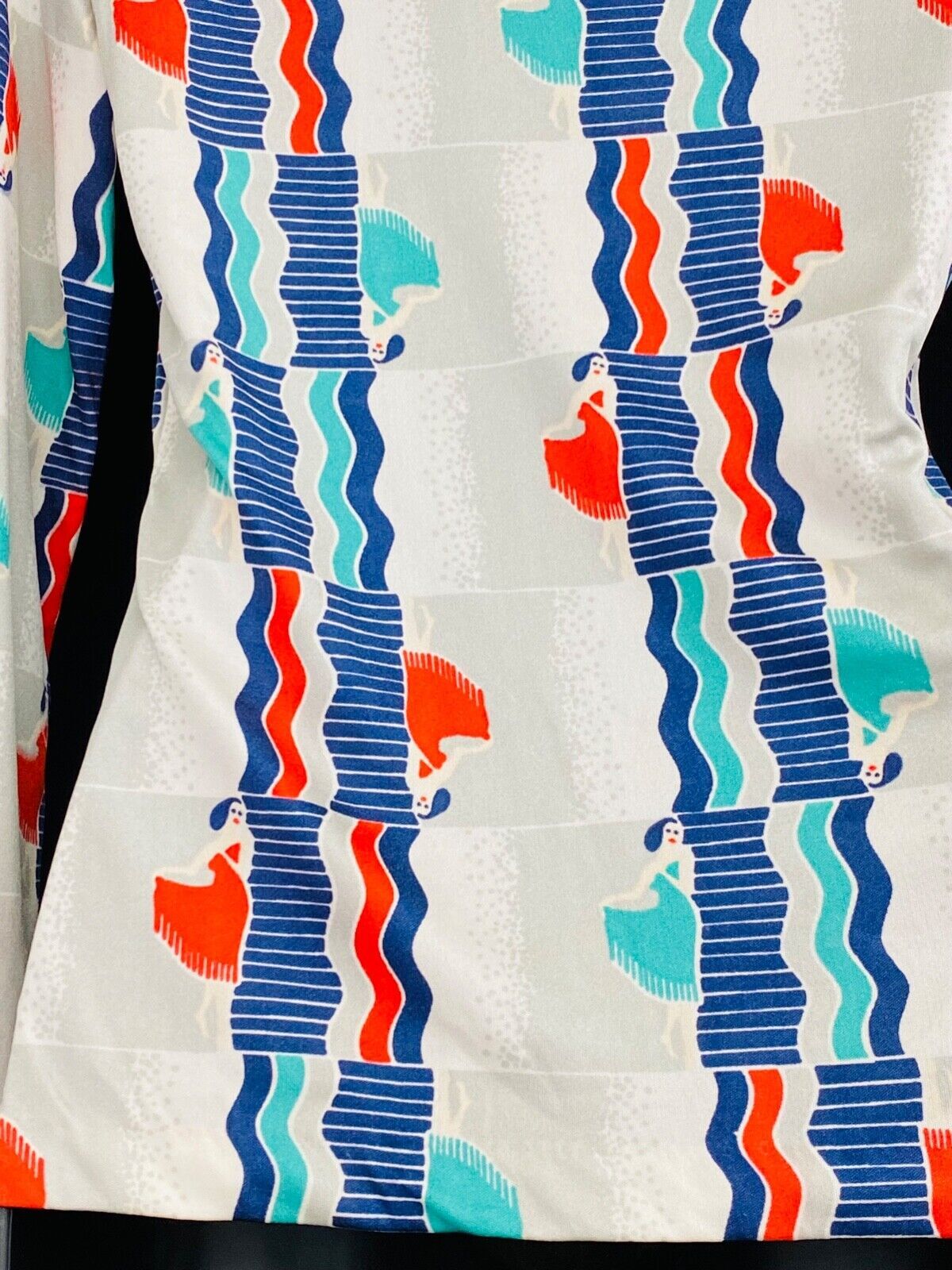Vintage 1970s novelty print shirt top, ladies in dresses white teal red S M
