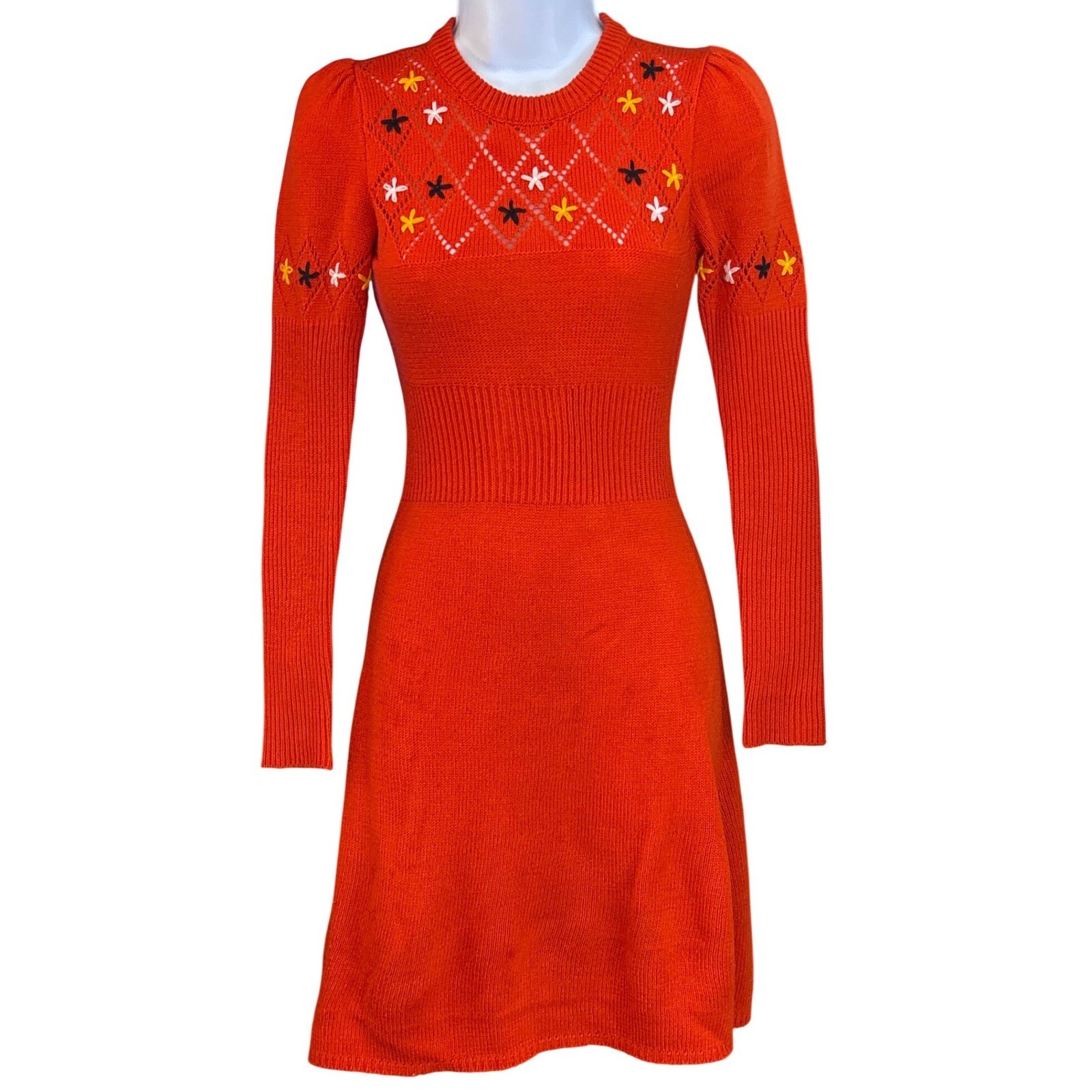 Vintage Red Orange Knit Long Sleeve Mini Dress Floral Embroidered Mod 70s Style