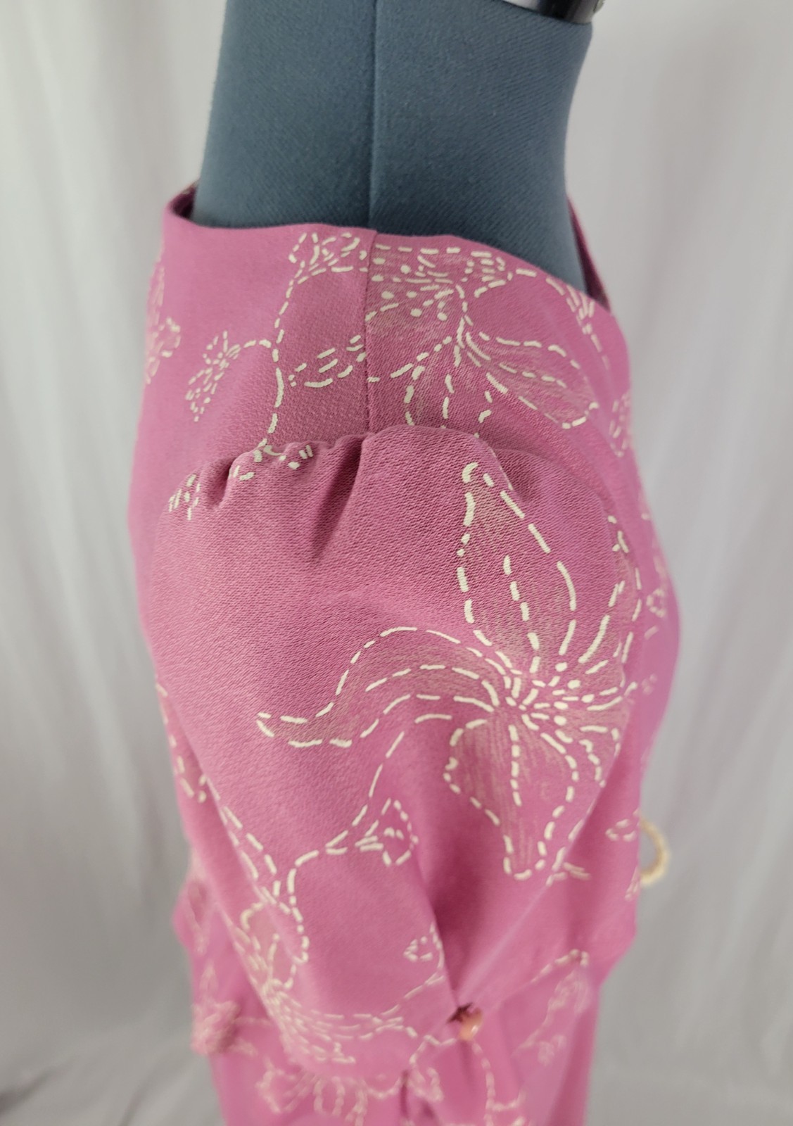Vtg Earth Angel Mauvish-Pink Blouson Dress w Peplum & Cream Floral Print Size S?