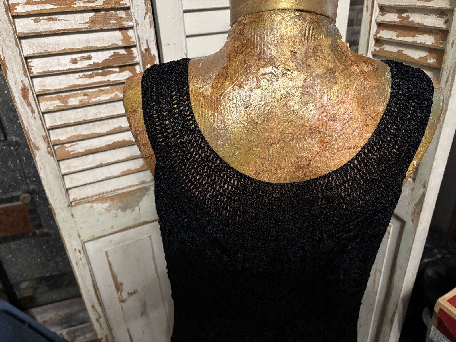 VTG Kroshetta by Papillon Black Floral Crochet Lined Tunic Top L Cruise Wear