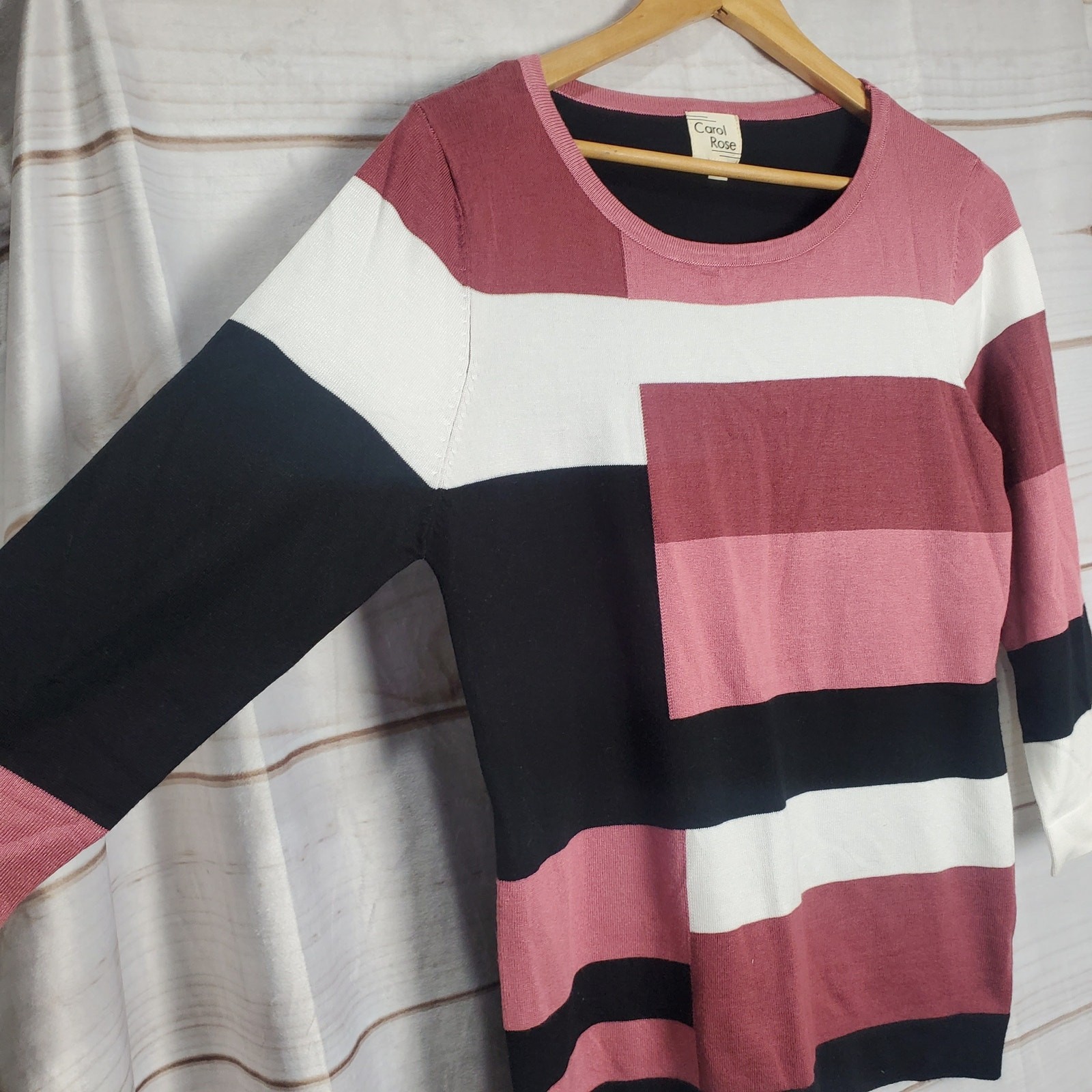 Vintage Carol Rose Blouse Womens Large Pink Black Color Block Stretch Soft 90s