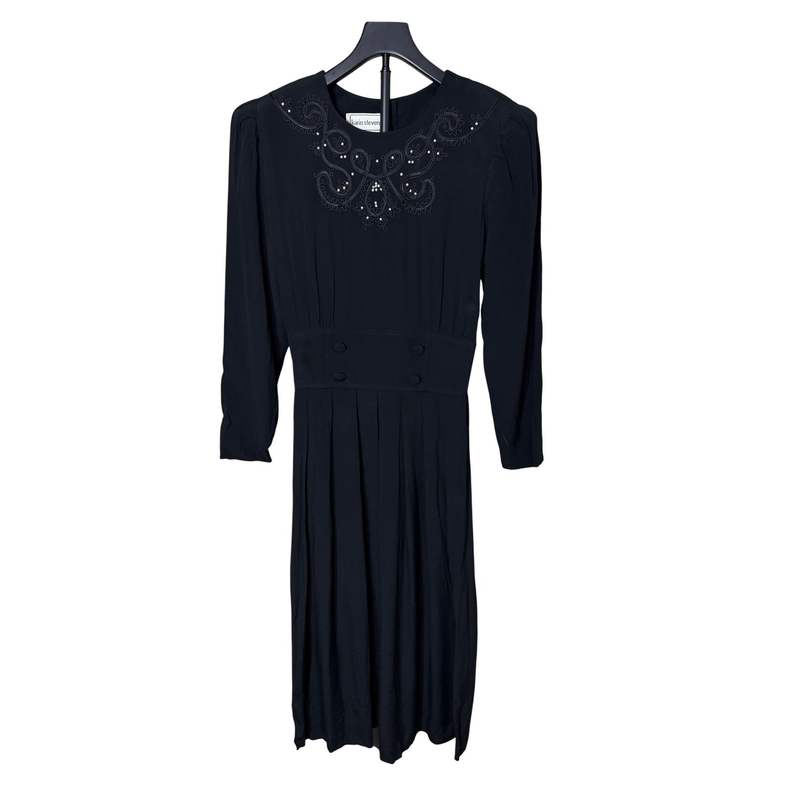 Karin Stevens Vintage Black Rayon Midi Dress Embroidered Size M