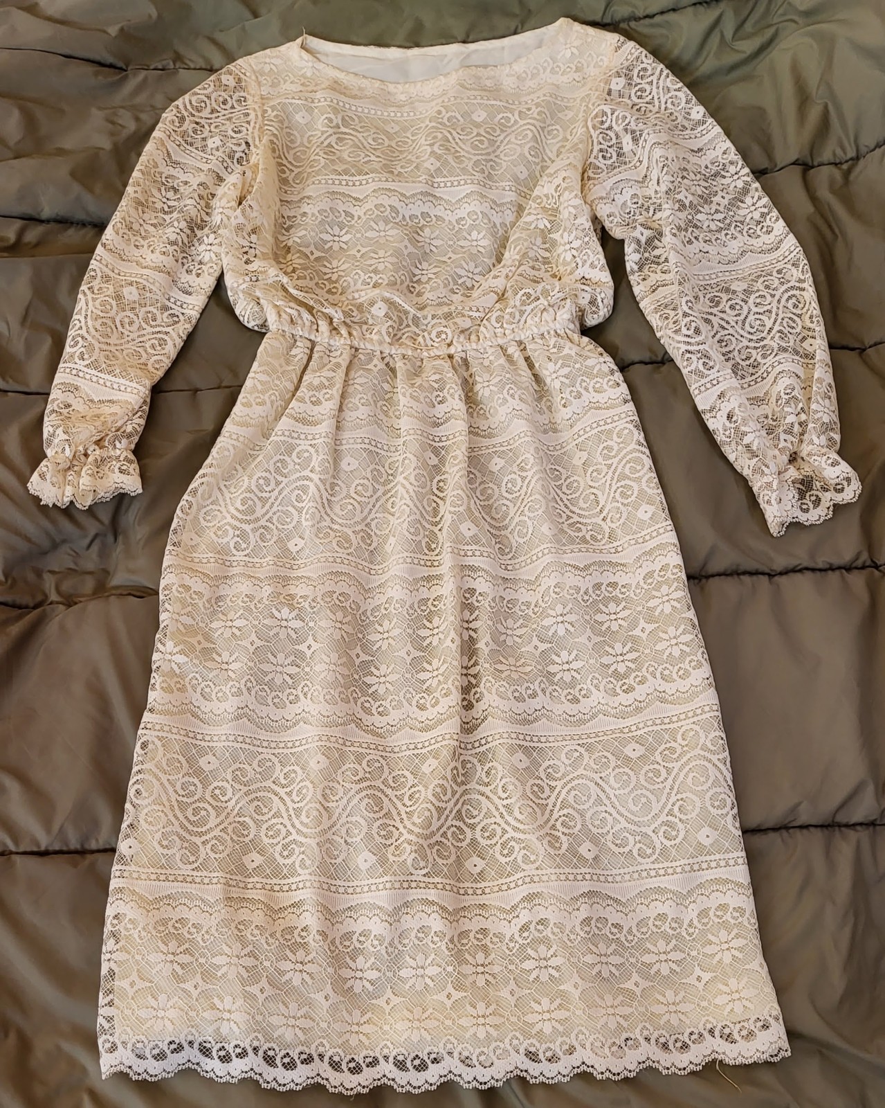 Vtg 70s 80s Lace Boho Wedding Dress Long Sleeve ILGWU Union Made 1920s Revival M