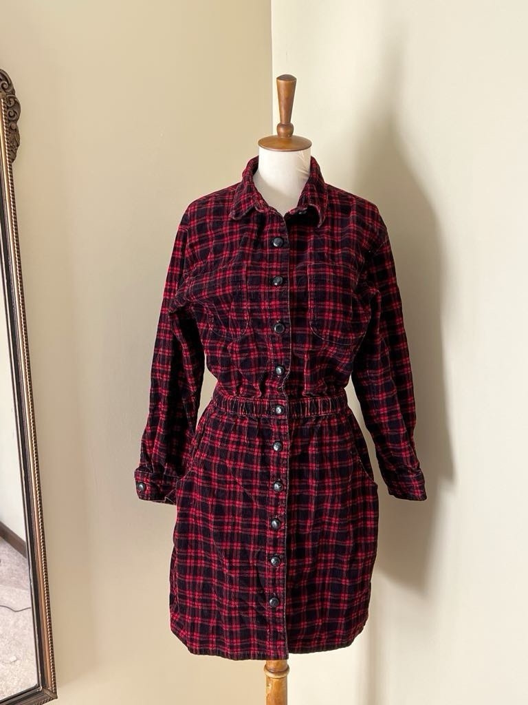 FADS Vintage Corduroy Plaid Dress – 100% Cotton, Elastic Waist, Grunge 90s Style
