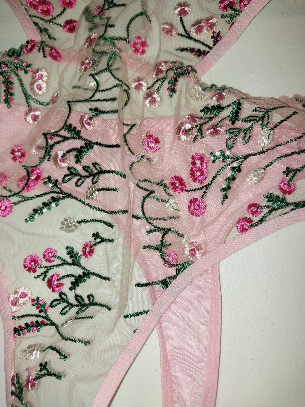VTG SILKY SHEER FLORAL EMBRS TEDDY PINK SCALLOP NIGHTY BODYSUIT M/L